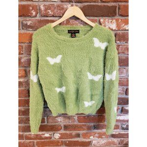 Coco and Shay Green Shag Pullover Sweater w/White Butterfly Print Size XL